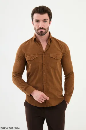 Camel Corduroy Button-Up Shirt with Dual Chest Pockets.