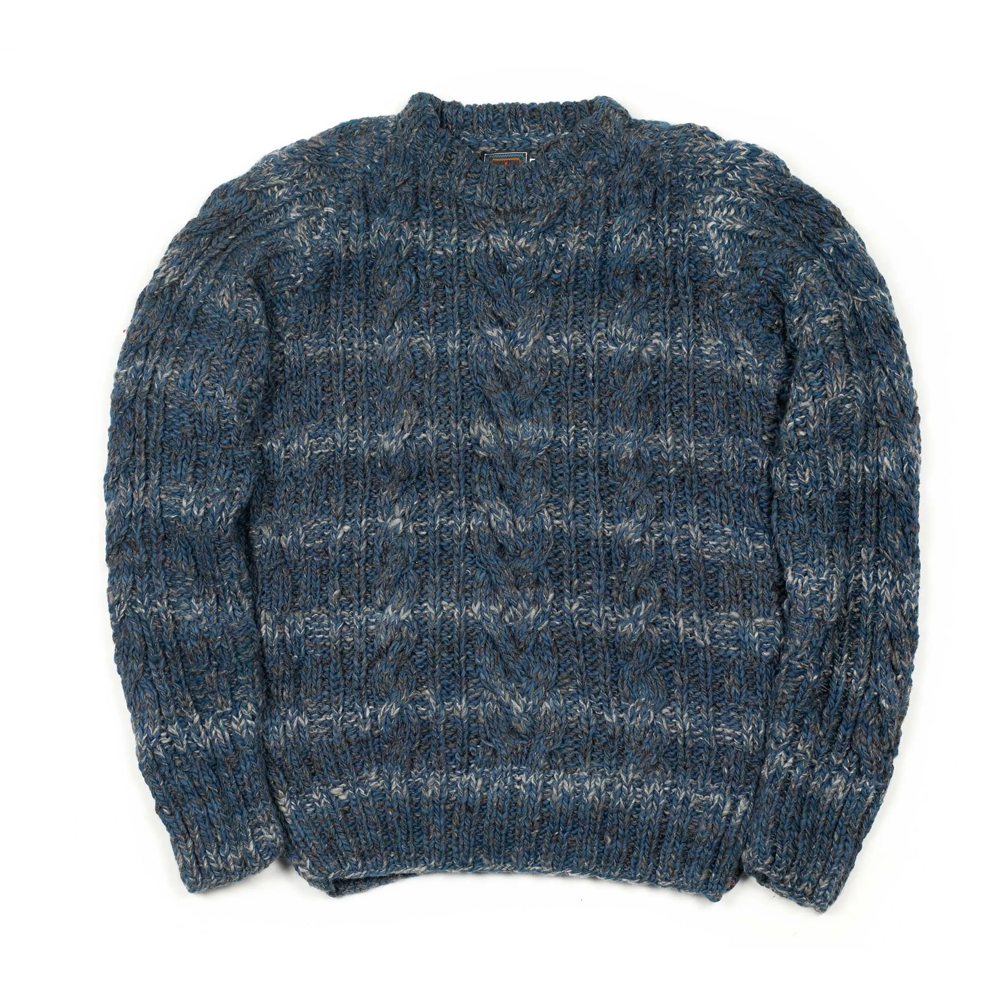 Chamula hand-knit Fisherman crewneck in blue grey mix wool