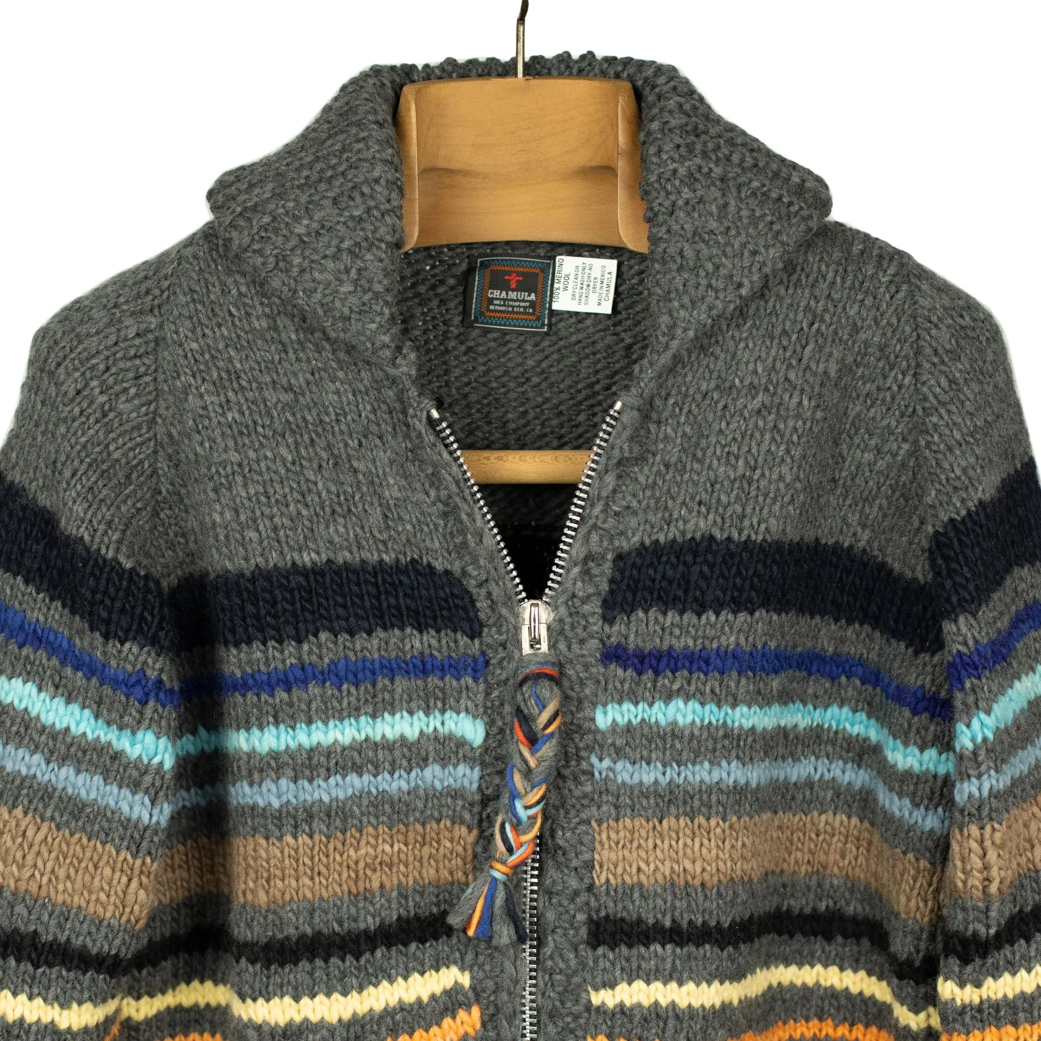 Chamula handknit cowichan style zipped cardigan in dark grey striped Merino wool (restock)