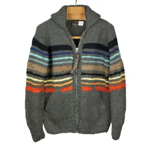 Chamula handknit cowichan style zipped cardigan in dark grey striped Merino wool (restock)