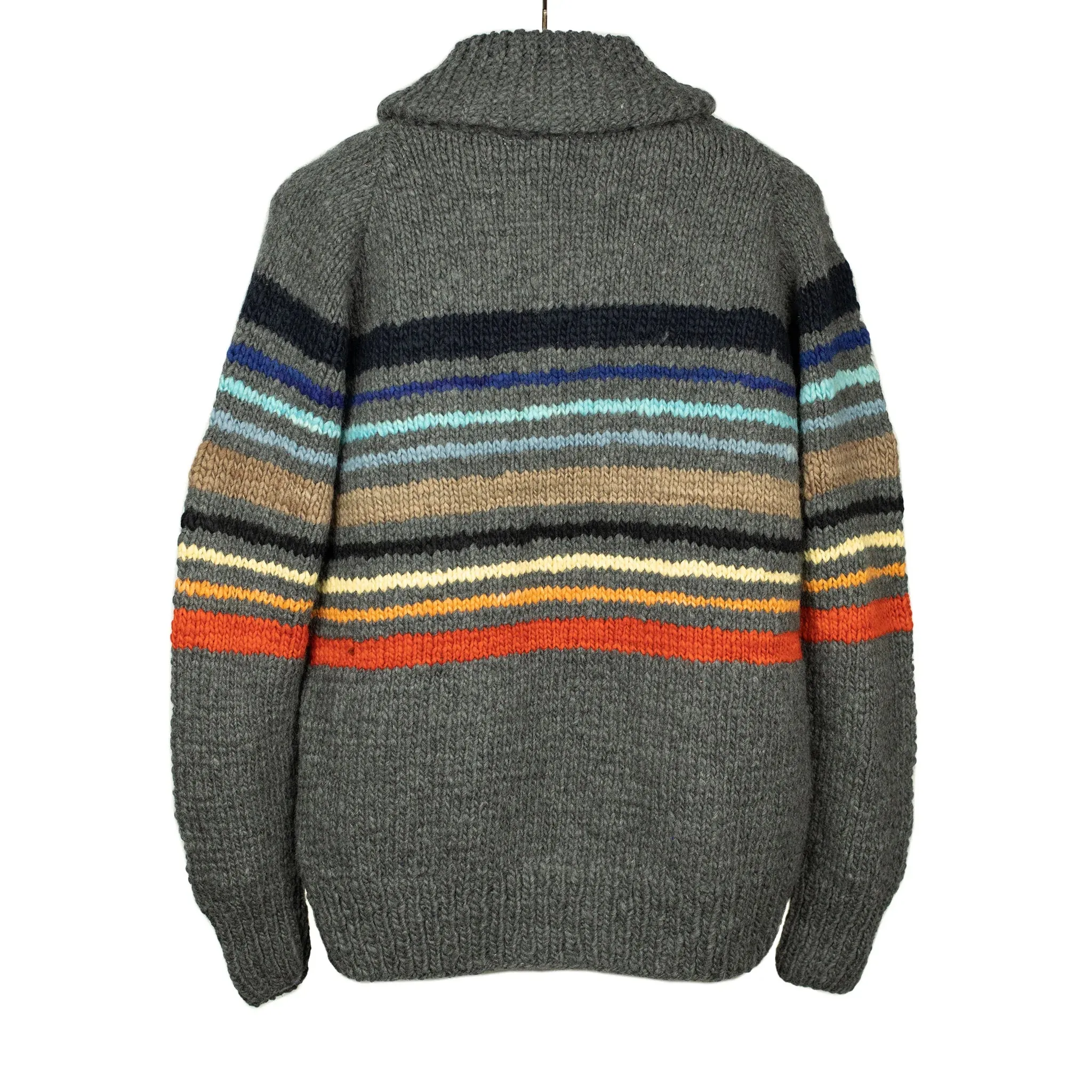 Chamula handknit cowichan style zipped cardigan in dark grey striped Merino wool (restock)