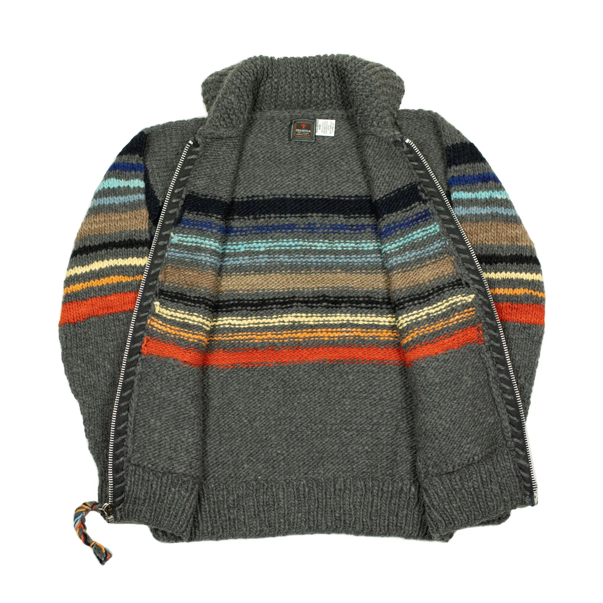 Chamula handknit cowichan style zipped cardigan in dark grey striped Merino wool (restock)