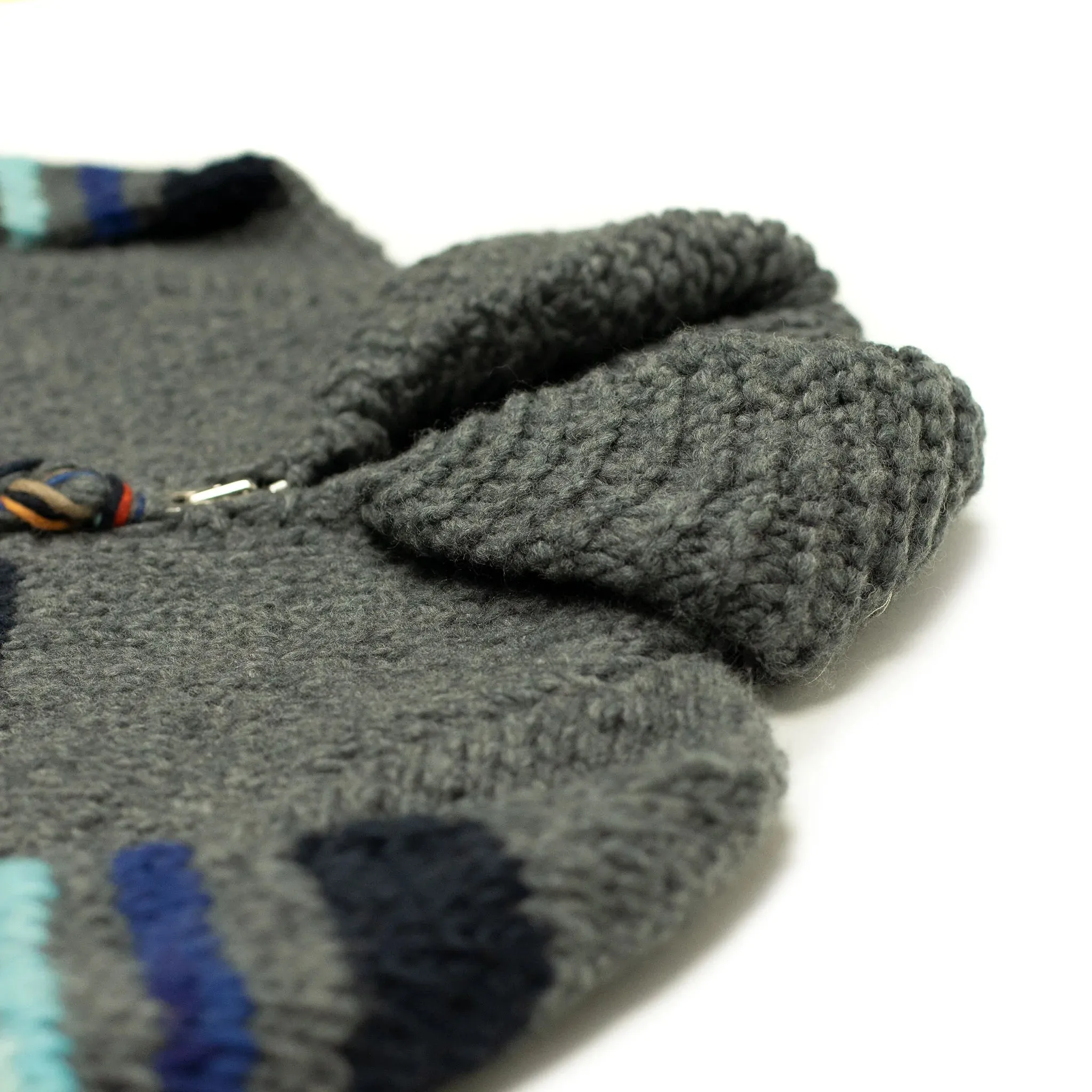 Chamula handknit cowichan style zipped cardigan in dark grey striped Merino wool (restock)