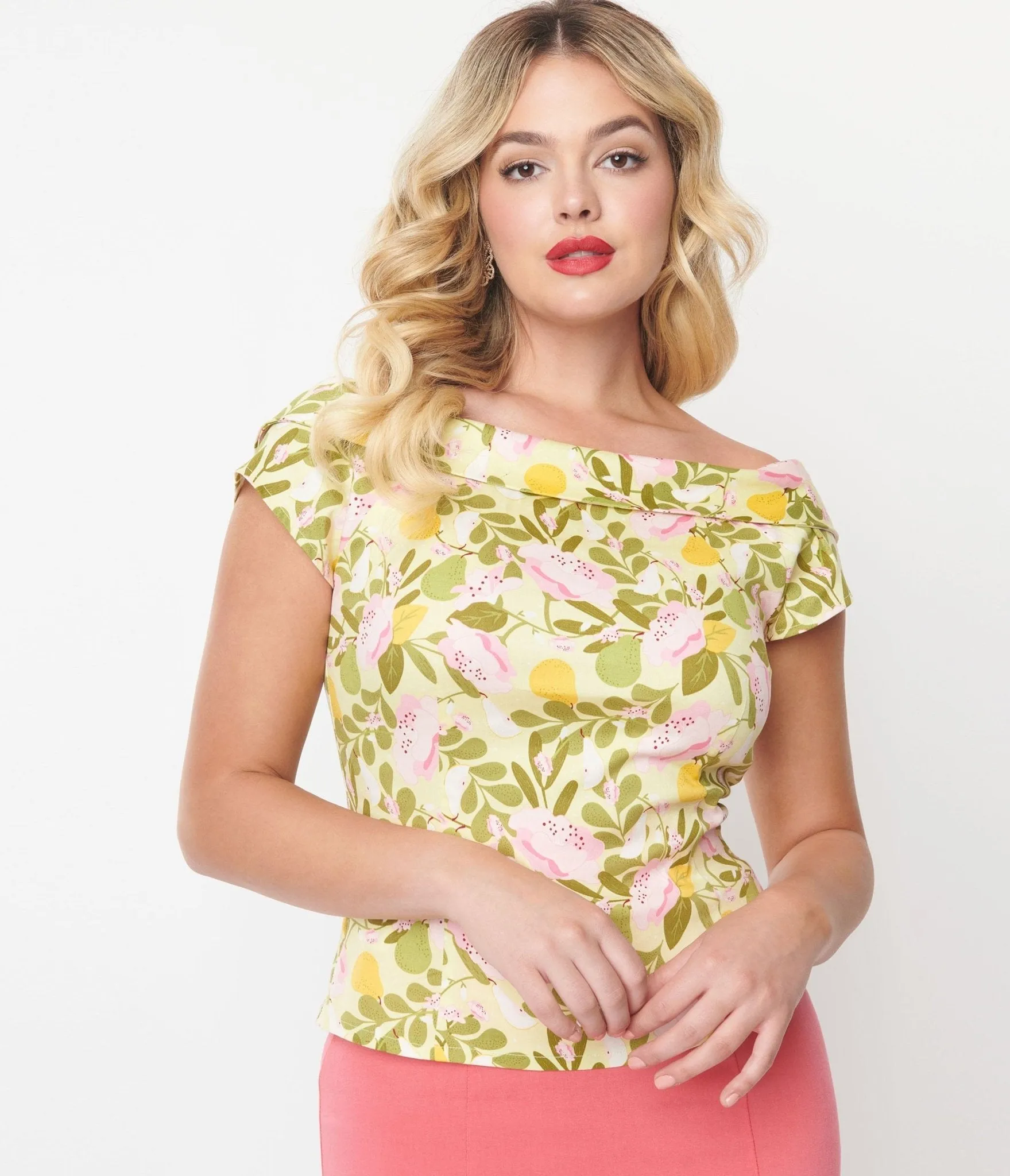 Collectif Light Lime Green Orchard Print Cordelia Top