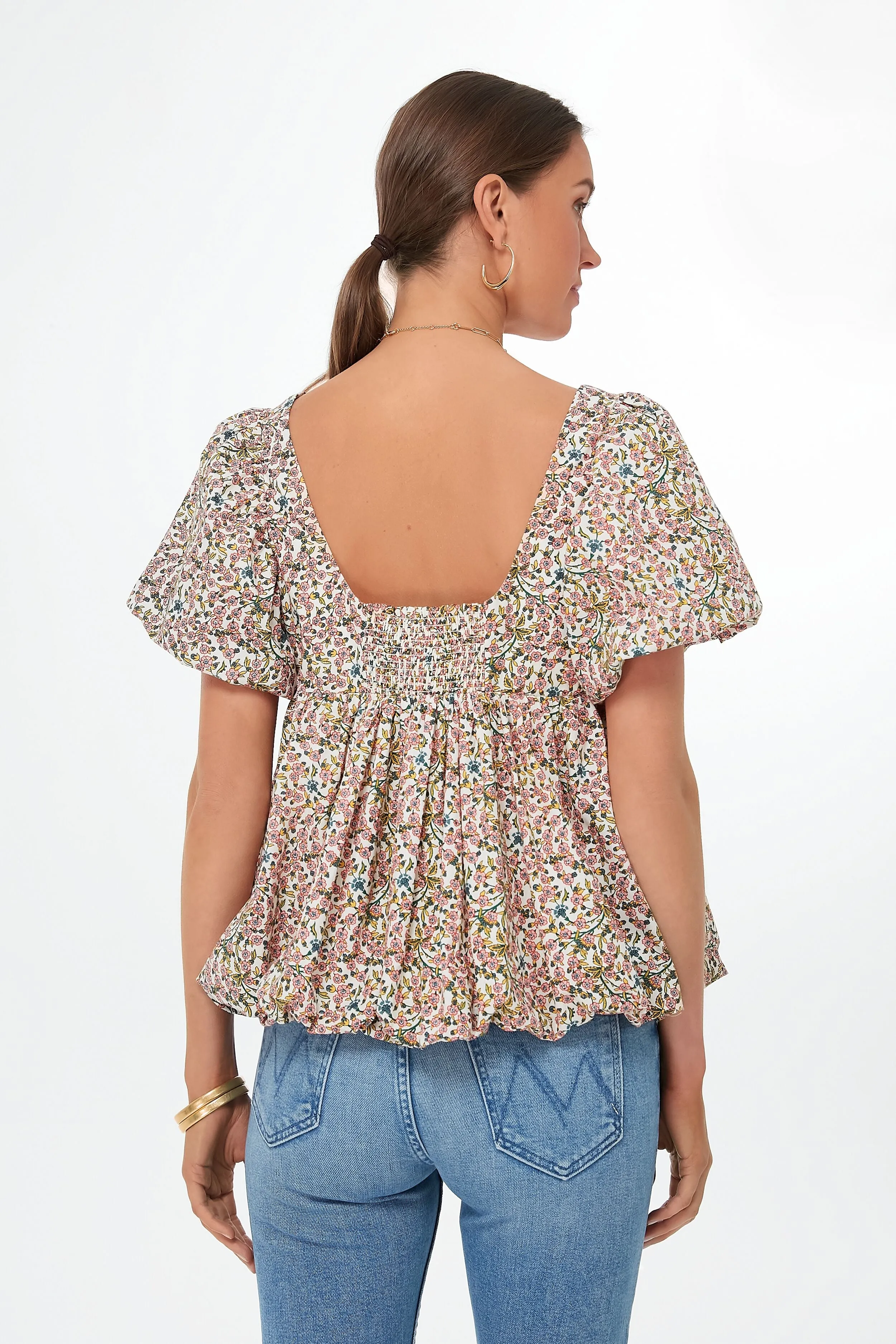 Floral Puff Sleeve Smocked Scoop Neck Virginia Blouse