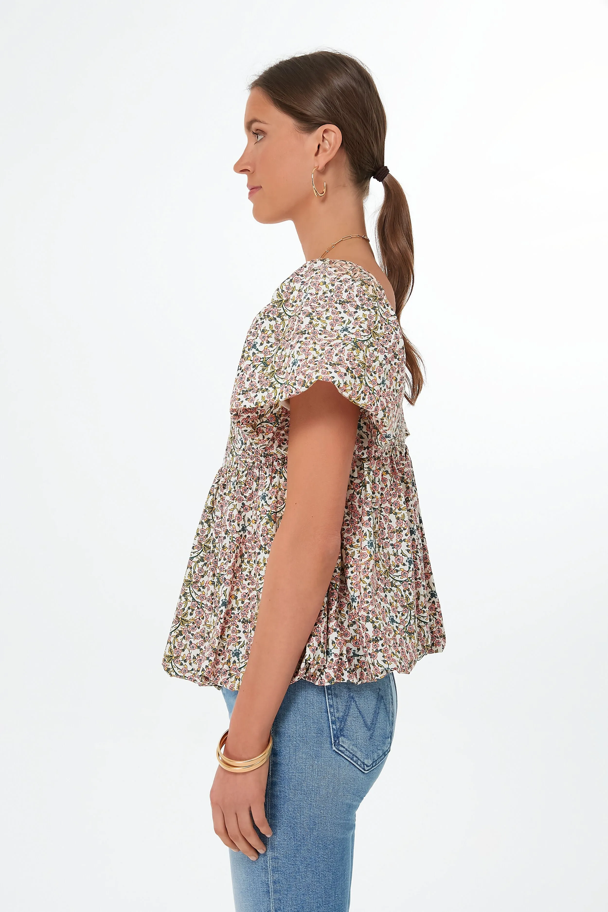 Floral Puff Sleeve Smocked Scoop Neck Virginia Blouse