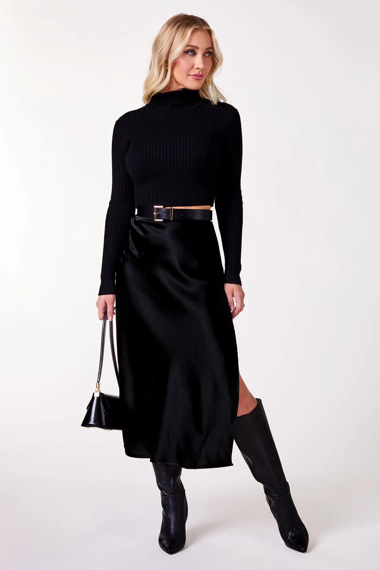 Hazy Black Ribbed Crop Turtleneck Top