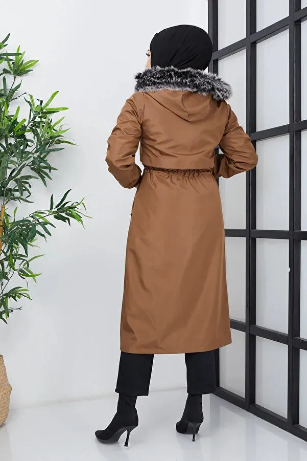 Imajbutik Women's Brown Modest Hooded Fur Lined Drawstring Bondik Hijab Coat