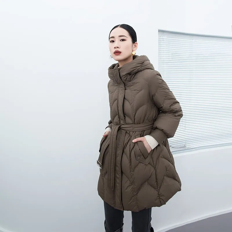 Khaki Gray Mid Length Belted Women Down Jacket