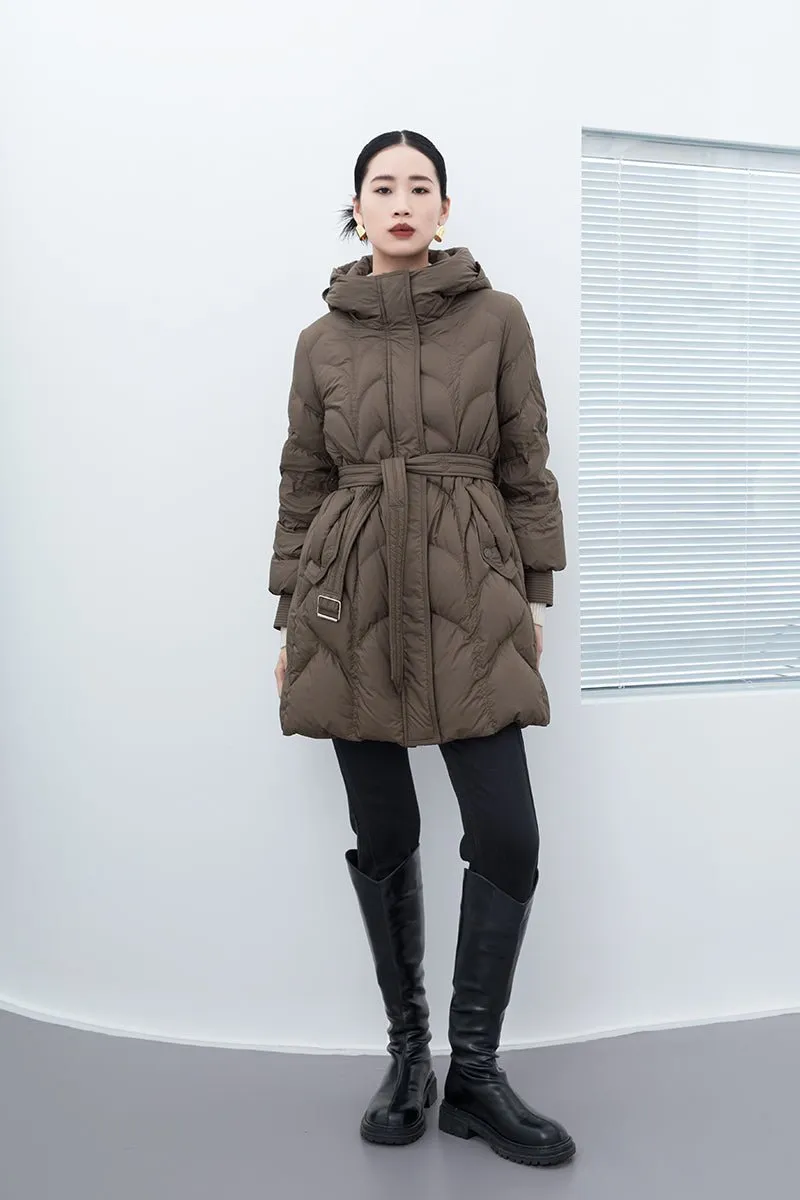 Khaki Gray Mid Length Belted Women Down Jacket