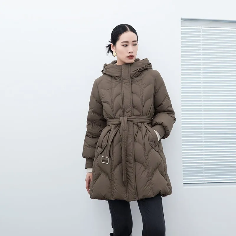 Khaki Gray Mid Length Belted Women Down Jacket