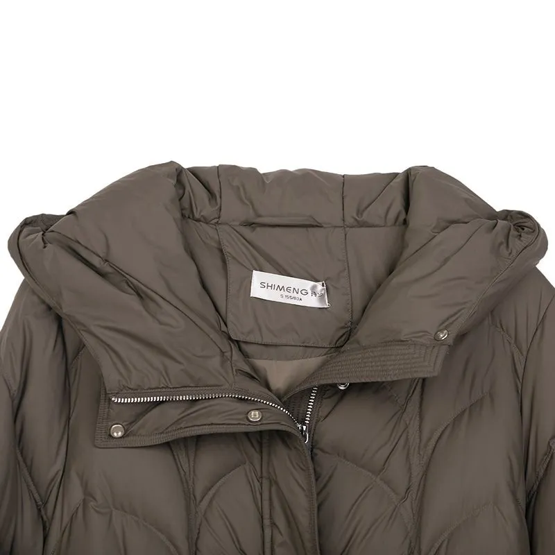 Khaki Gray Mid Length Belted Women Down Jacket