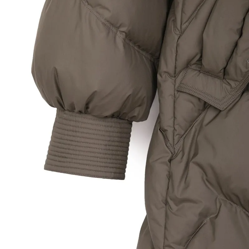 Khaki Gray Mid Length Belted Women Down Jacket