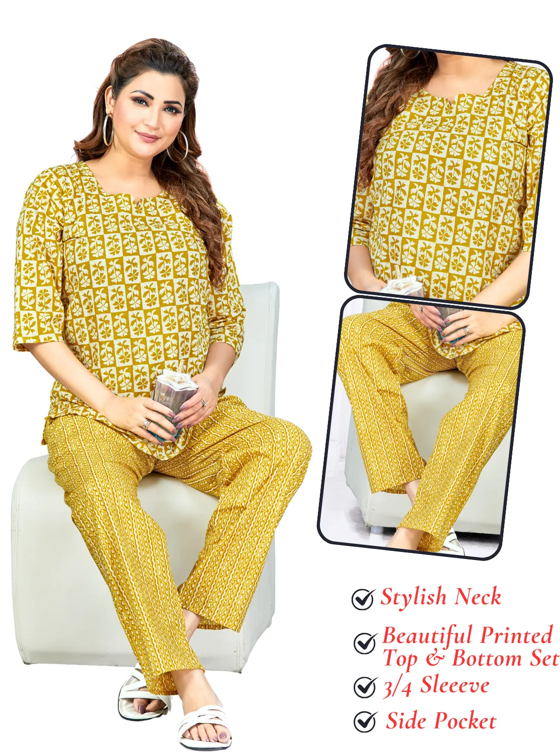 MANGAI Premium Cotton Printed Cambric Night Suits | Stylish Print's All Over | Top & Bottom Set | 3/4 Sleeve | Trendy Night Suits for Stylish Women's (CMNS)