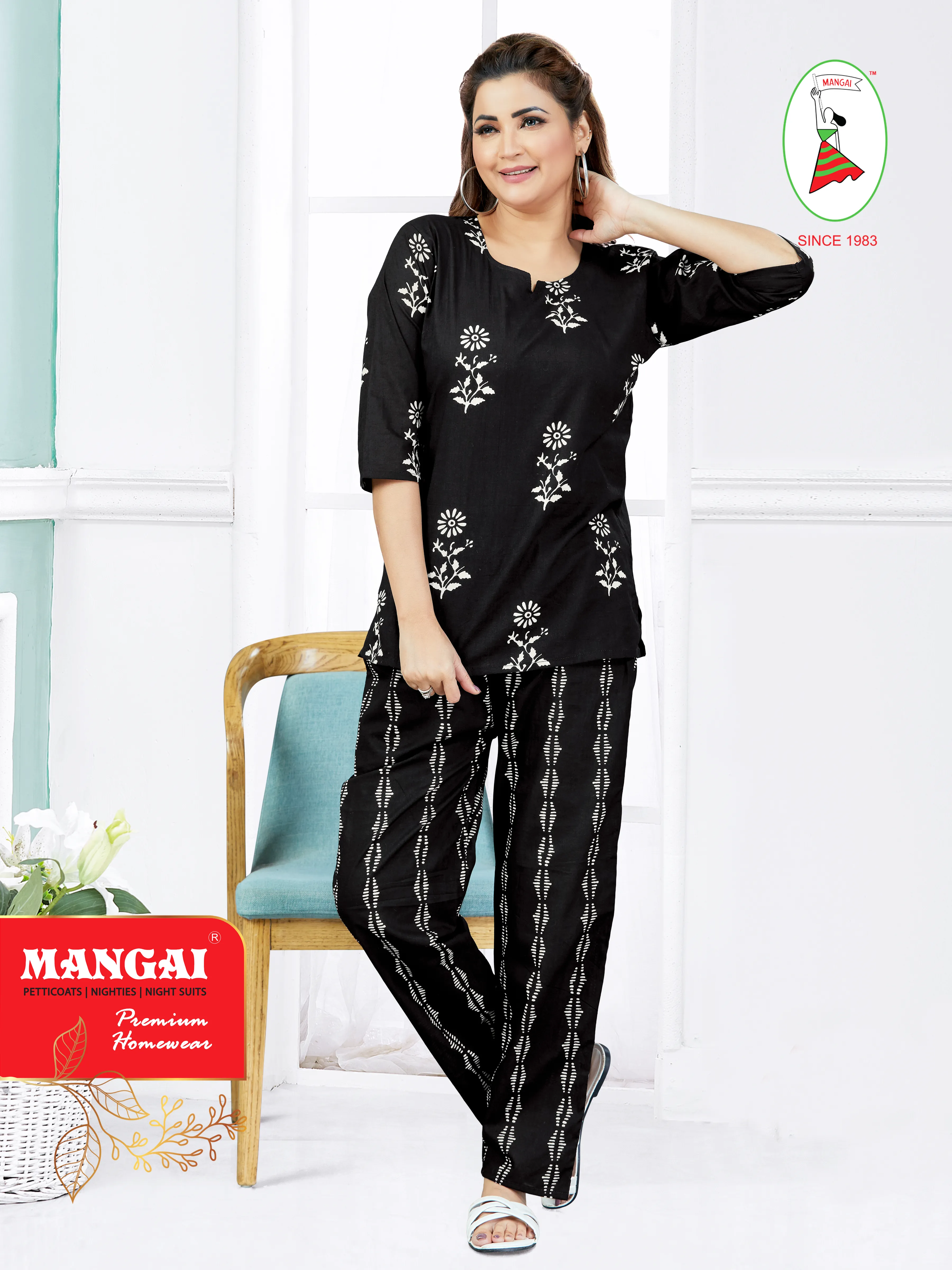 MANGAI Premium Cotton Printed Cambric Night Suits | Stylish Print's All Over | Top & Bottom Set | 3/4 Sleeve | Trendy Night Suits for Stylish Women's (CMNS)