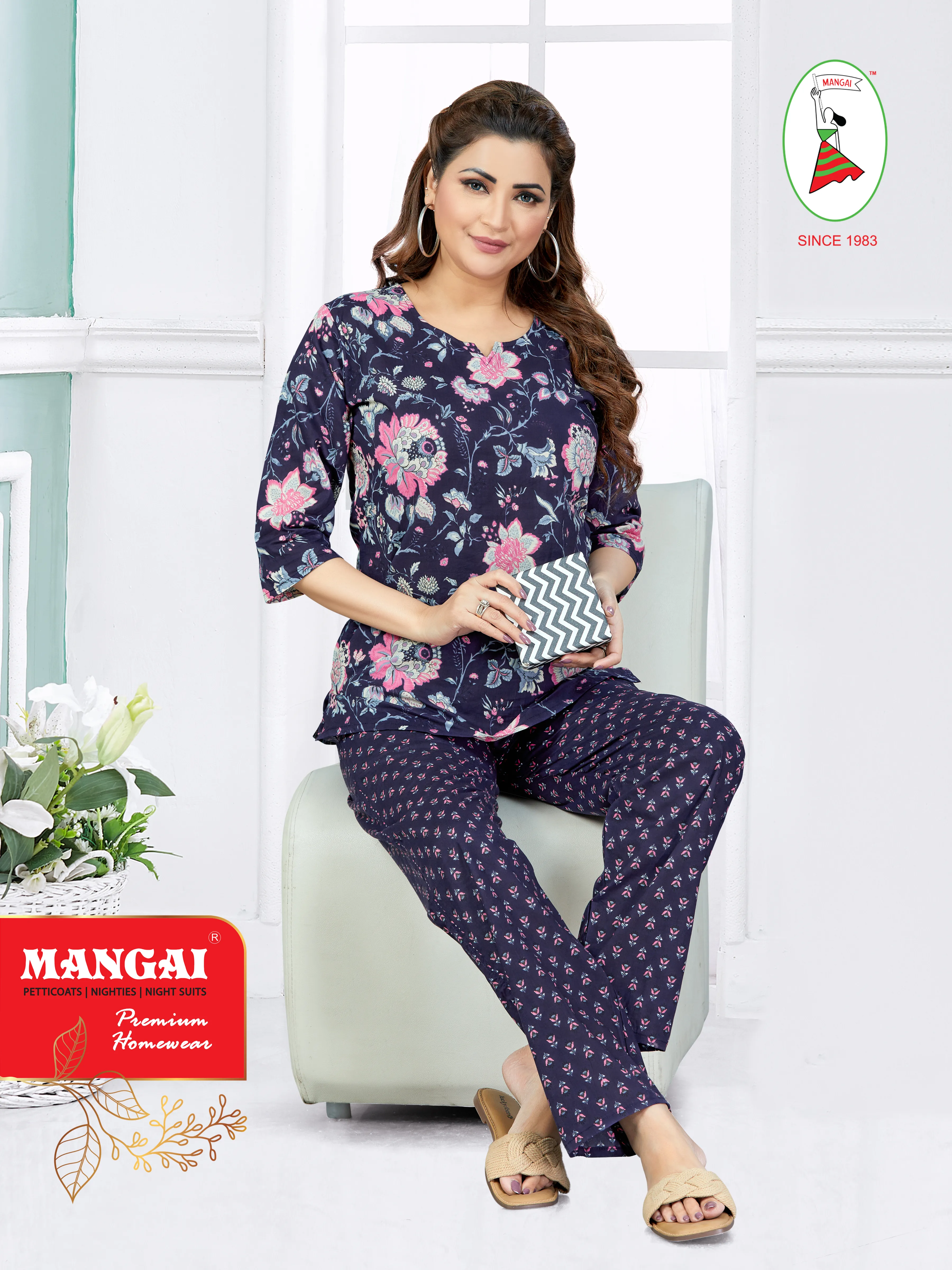 MANGAI Premium Cotton Printed Cambric Night Suits | Stylish Print's All Over | Top & Bottom Set | 3/4 Sleeve | Trendy Night Suits for Stylish Women's (CMNS)