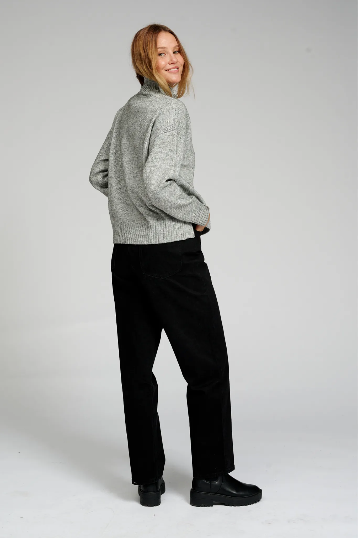 Oversized Knitted Polo-Neck Jumper - Light Grey Melange