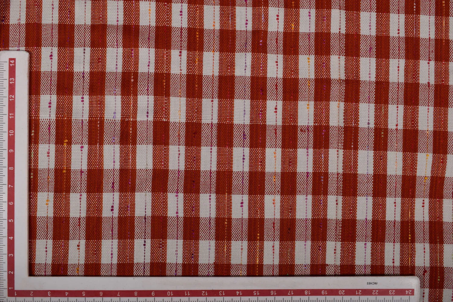 Red White Checks Wool Tweed Fabric