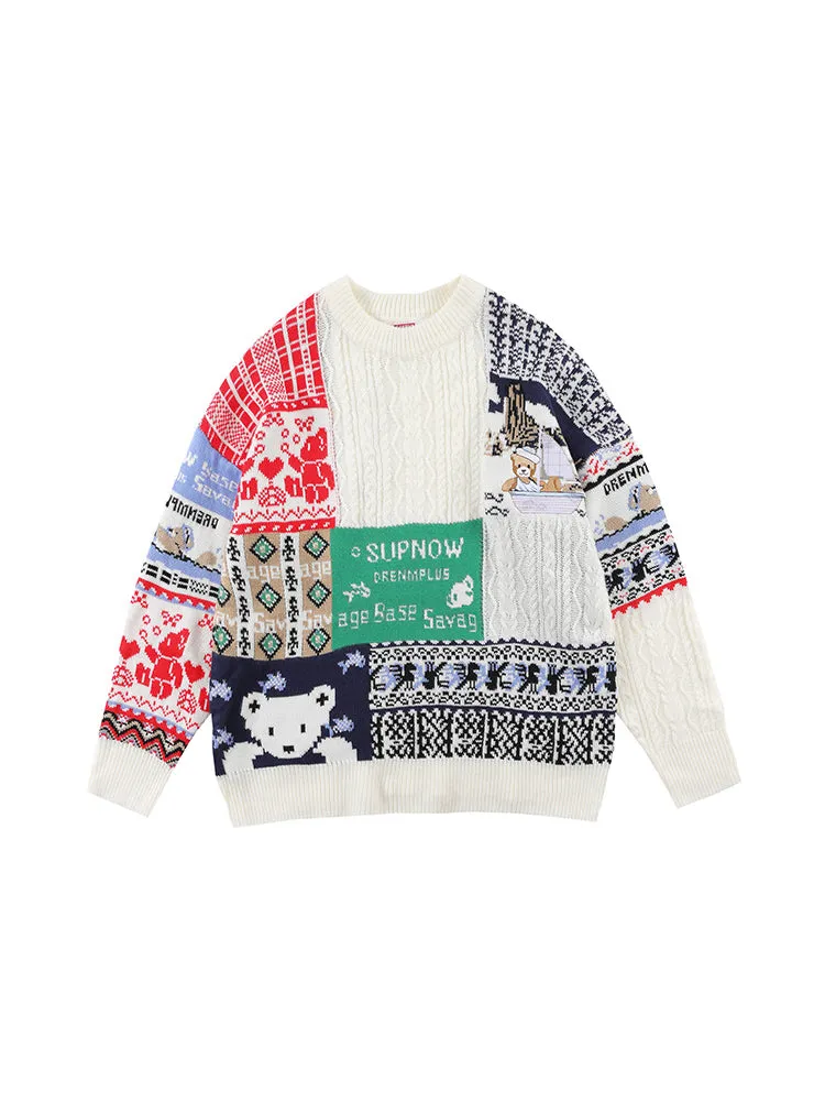 Retro Bear Print Contrast Color Knit Christmas Sweater