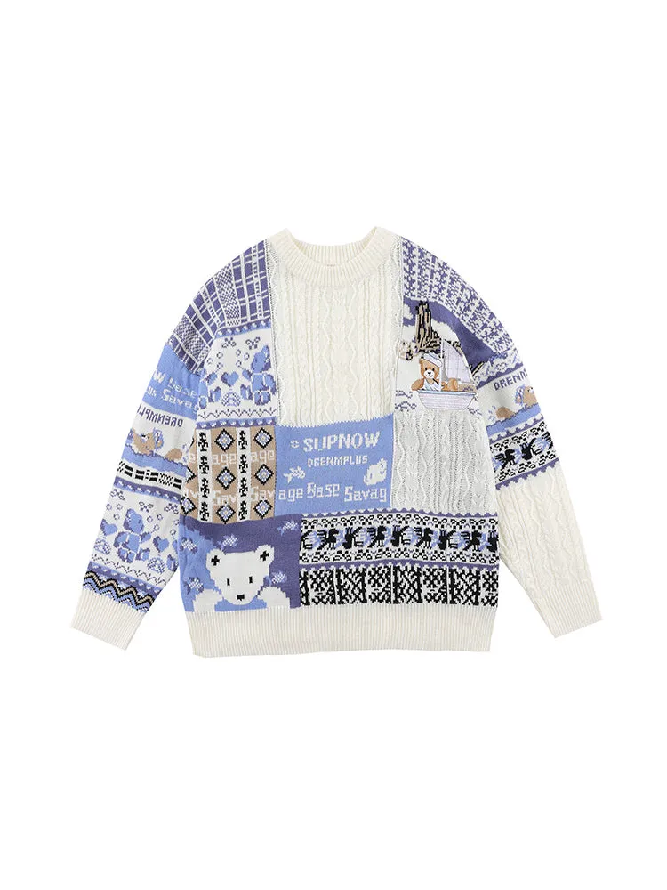 Retro Bear Print Contrast Color Knit Christmas Sweater