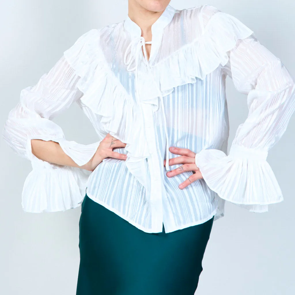 Ruffled striped blouse with tie neck wholesale