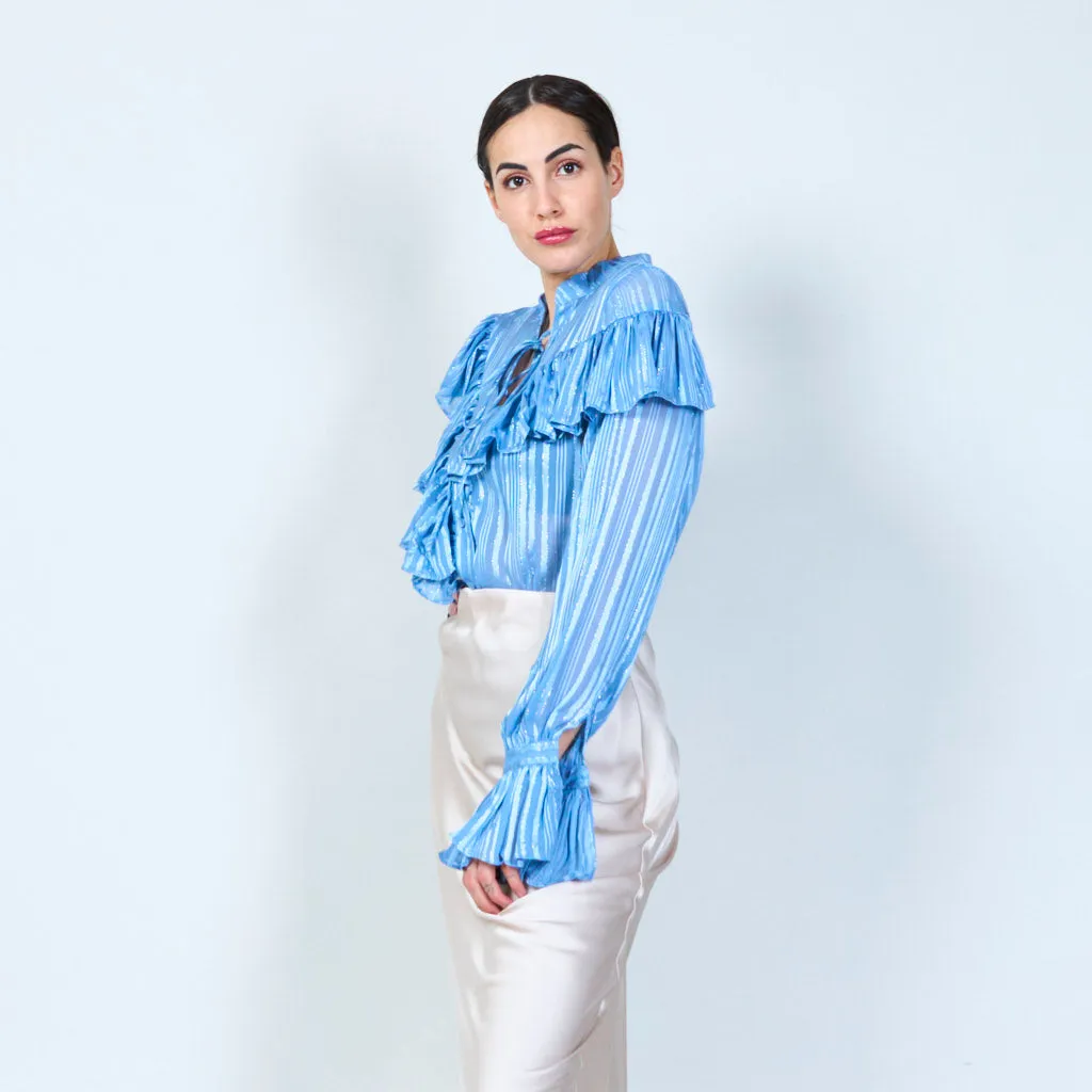 Ruffled striped blouse with tie neck wholesale