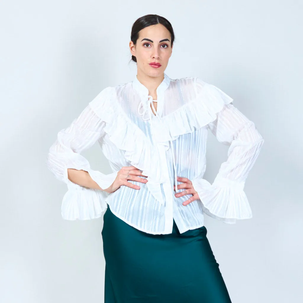 Ruffled striped blouse with tie neck wholesale