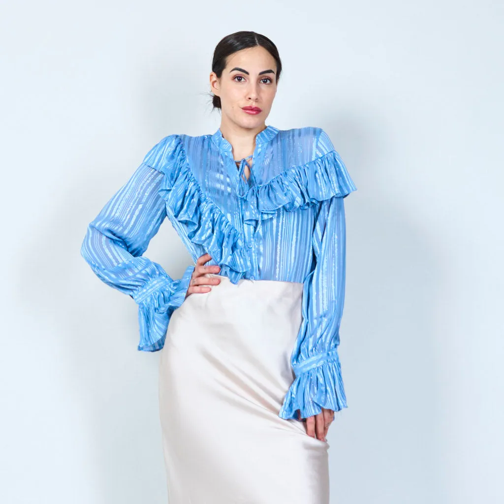 Ruffled striped blouse with tie neck wholesale