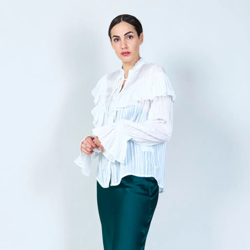 Ruffled striped blouse with tie neck wholesale