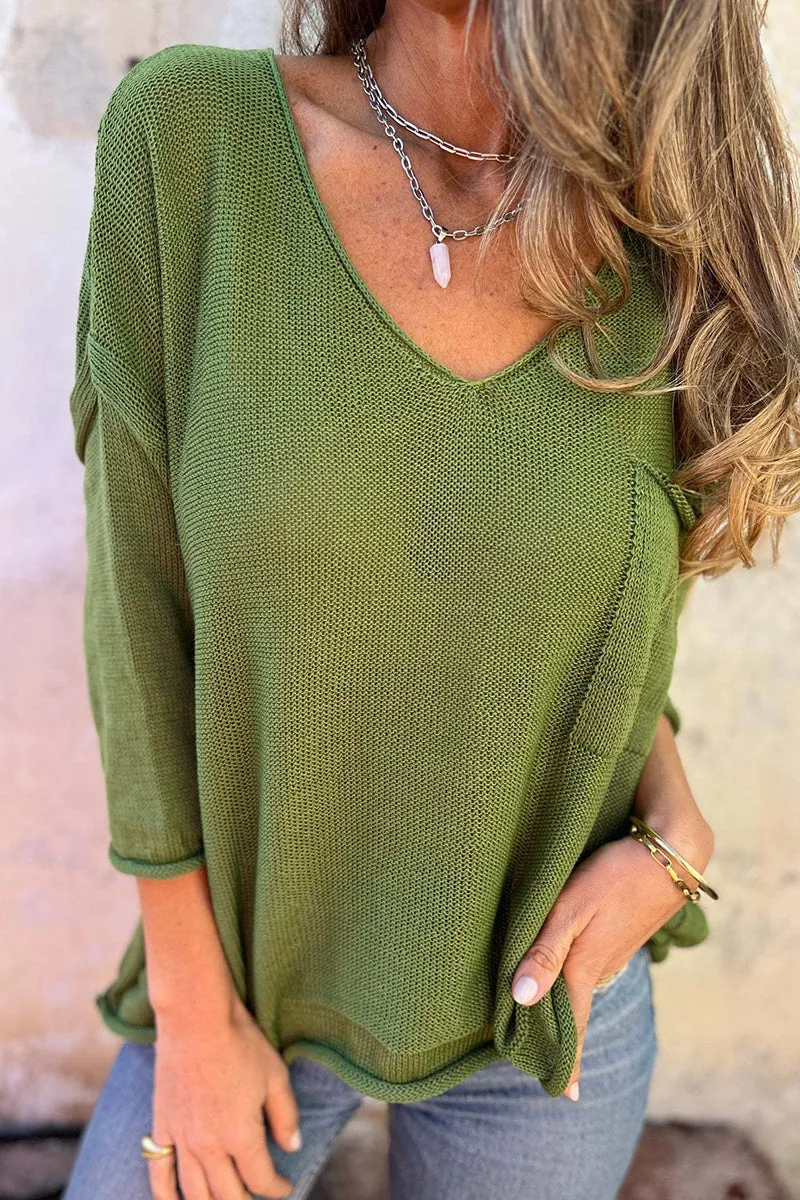 V Neck Lightweight Crochet  Sweater Tops