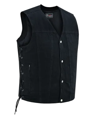 VB939BK Men's Black V-Neck Denim Vest for Motorcycle Riders