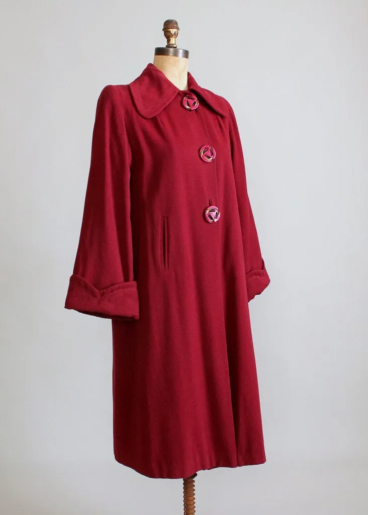 Vintage 1940s Cranberry Wool Swing Coat