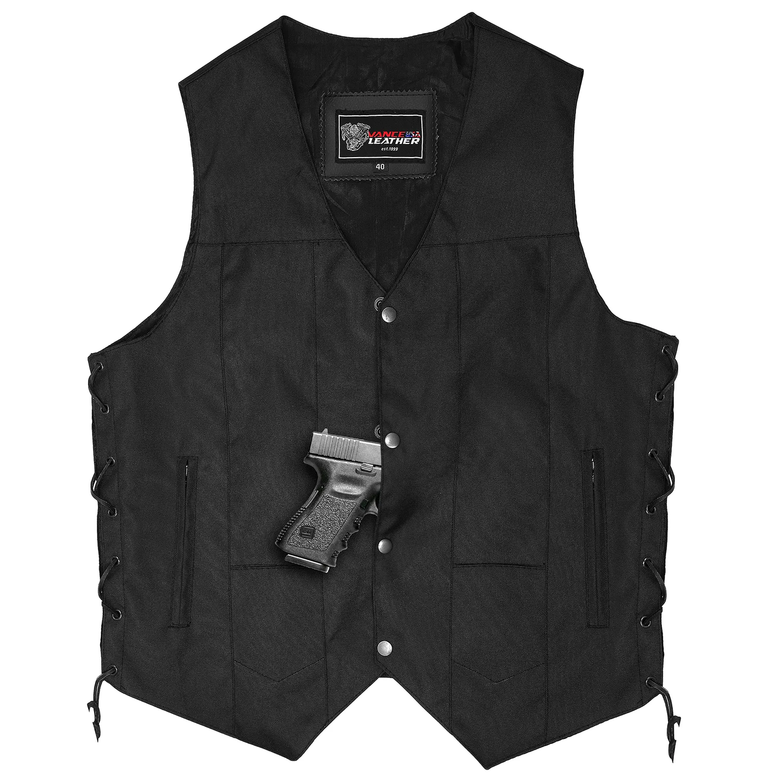 VL1915 Men's Premium Black Textile Motorcycle 10 Pocket Vest with Dual Conceal Carry Pockets - Perfect for Every Biker Versatile & Durable