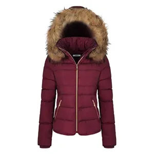 Women's Winter Quilted Puffer Coat Fleece Lined Warm Jacket with Removable Faux Fur Hood and Zipper