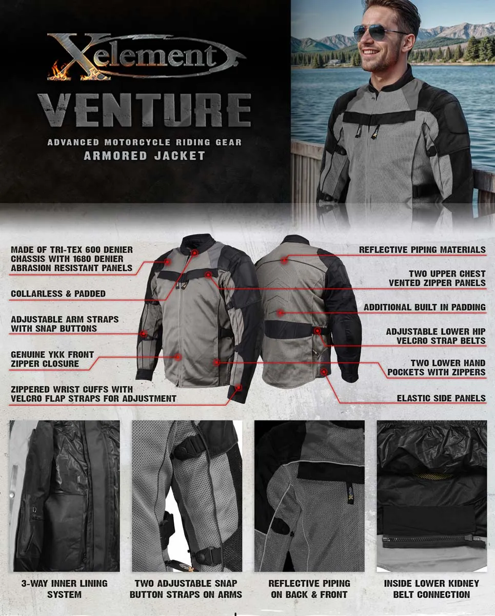 Xelement XS8162 Men's 'Venture' All Season Black with Grey Tri-Tex and Mesh Motorcycle Jacket with X-Armor